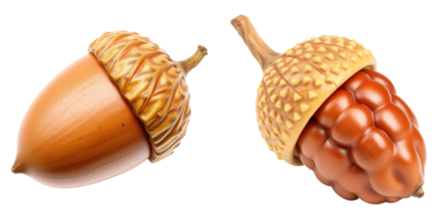 Two different acorns displaying intricate detail and organic textures, displayed on transparent background