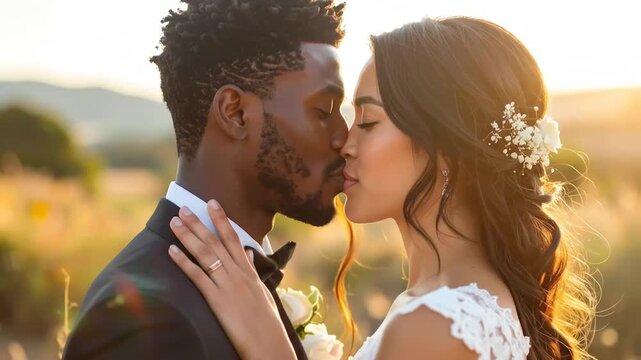 Romantic Wedding Kiss: Bride and Groom Embrace in Golden Field