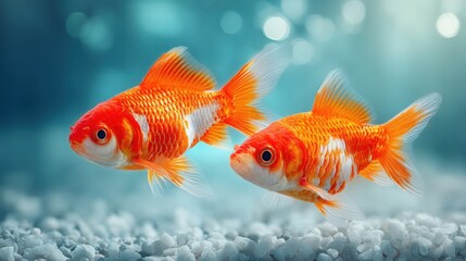 Fototapeta premium Two vibrant goldfish swim gracefully in a clear aquarium filled with white gravel against a soft, blurred blue background, creating a serene aquatic scene.