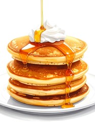 Stack of pancakes topped with whipped cream and syrup (2)