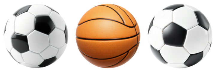 Sports equipment collection: Football soccer balls and basketball presented side-by-side on transparent background