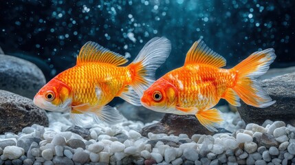 Fototapeta premium Two vibrant orange goldfish gracefully swim amidst a bed of smooth white pebbles, their scales shimme under the gentle light in a tranquil aquarium setting.