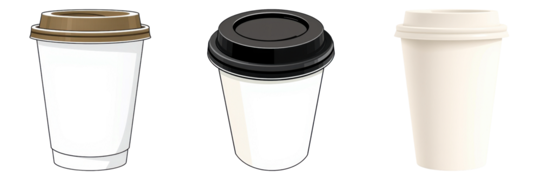 Three different disposable coffee cup mockups with various lids on transparent background - Powered by Adobe