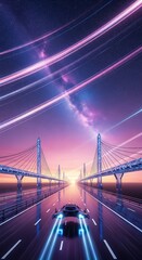Futuristic Car Driving on a Bridge at Sunset Cyberpunk Synthwave Background