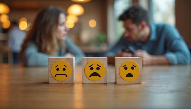 Customer service environment with blurred couple in background. Three wooden blocks show sad faces in foreground. Symbolizes client dissatisfaction, customer complaint, poor business communication. - Powered by Adobe