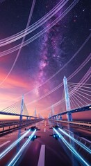 Obraz premium Futuristic Highway Bridge at Night with Milky Way Galaxy