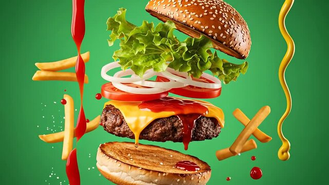 A delicious burger with fries and sauces exploding in midair against a green background