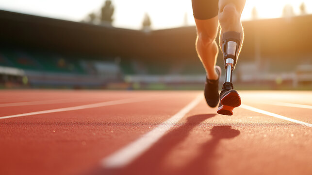 Runner with prosthetic leg strides across a track. Determination and strength shown in athletic endeavor.