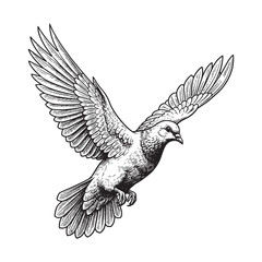 flying dove bird engraving woodcut sketch vector illustration