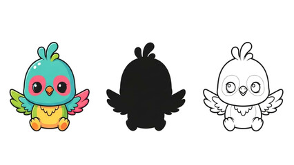 Adorable Cartoon funny bird Set – Full Color, Black Silhouette, Line Art
