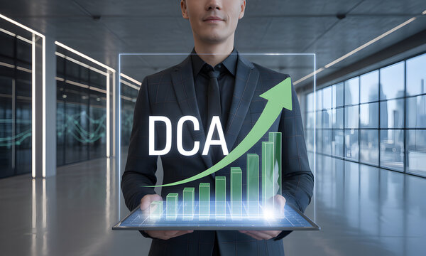 Confident businessman presenting DCA growth chart on digital tablet in office