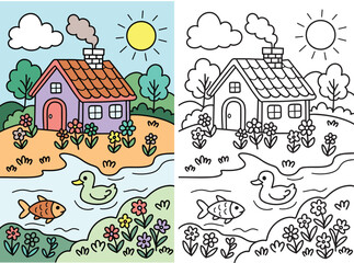Cozy House Landscape Coloring Page