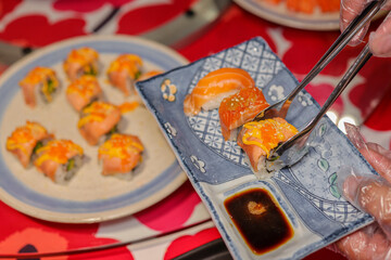 Sushi Delight: A close-up perspective of artfully crafted sushi rolls and nigiri, showcasing fresh ingredients, intricate details, and the elegant presentation of Japanese cuisine.