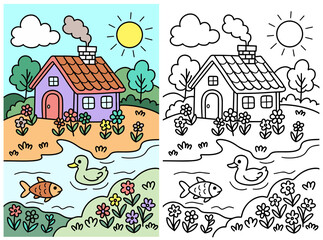 Cozy House Landscape Coloring Page