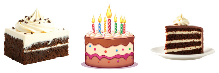 Delicious array of festive cakes, featuring birthday candles, isolated on transparent background