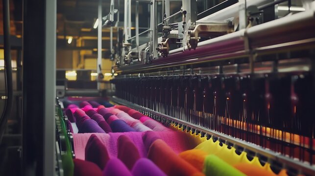 Modern textile dyeing machine action rows of cloth moving through automated chambers and vibrant colors filling the air emphasizing the efficiency and innovation of contemporary dyeing technologies