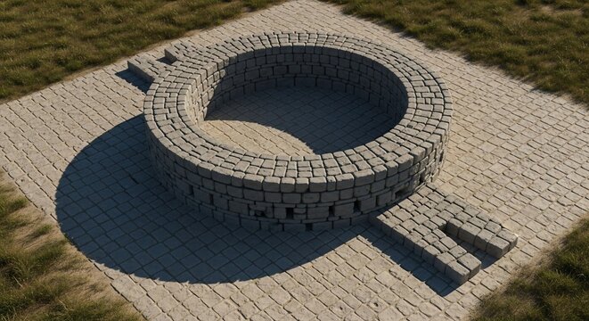 Ancient Stone Structure Circular Design with Shadow on Paved Ground. - Powered by Adobe