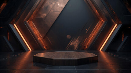 Dark Futuristic Product Display: Octagonal Wooden Platform with Warm Orange Neon Lighting