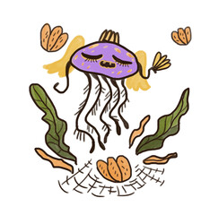 Whimsical flying spider Halloween illustration. Hhalloween character, surrounded by fantastical elements like leaves and abstract shapes. ideal for projects related to fantasy, nature, children's book