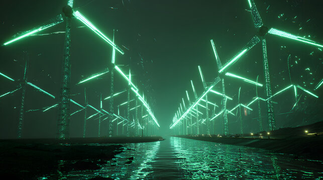neon wind turbines with glitch effects and green holographic power streams futuristic cyberpunk energy design