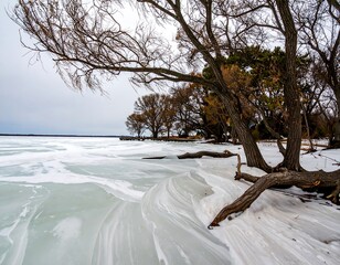 Winter lake scene with icy patterns