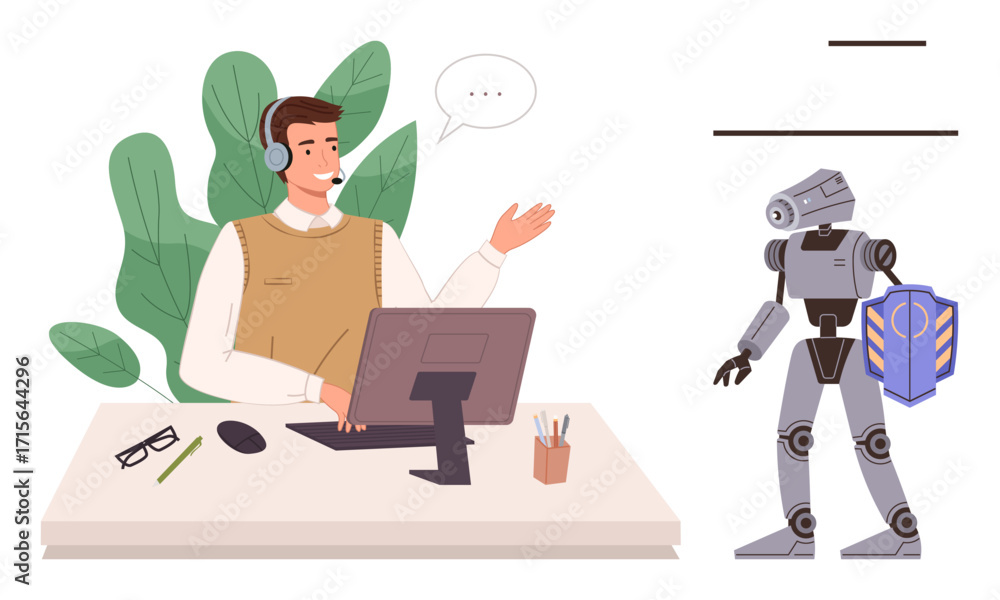 Poster man wearing headset at desk gesturing in conversation with humanoid robot holding shield. ideal for 