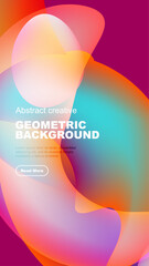 Vibrant overlapping shapes create dynamic background. Text promotes further exploration, modern design elements present.