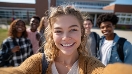 Obraz premium Group of high school students, multiracial, taking a selfie, schoolbuilding and some other students in background. Students with different ethnic background. Body inclusivity.