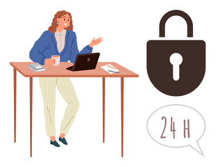 Woman holding coffee while typing on laptop, standing at desk with books and paper, next to a lock and 24-hour speech bubble. Ideal for security, privacy, support, remote work, access, time