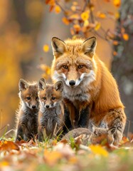 Obraz premium A family of red foxes in autumn foliage, with a mother fox and two adorable kits, nestled amongst fallen leaves.