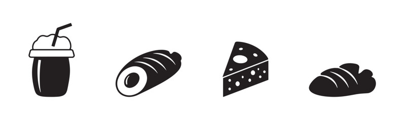 Glossy Black Icons. Foods Drinks. Meat and junk food royalty vector art, Black Food Icons, vector illustration.