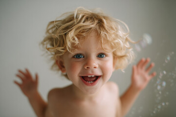 small child joyfully laughs and waves their arms in pure delight while playing with bubbles against clean