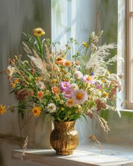 Asymmetrical Ikebana Arrangement A Vibrant Solarpunk Aesthetic Featuring Sustainable and Recycled Materials