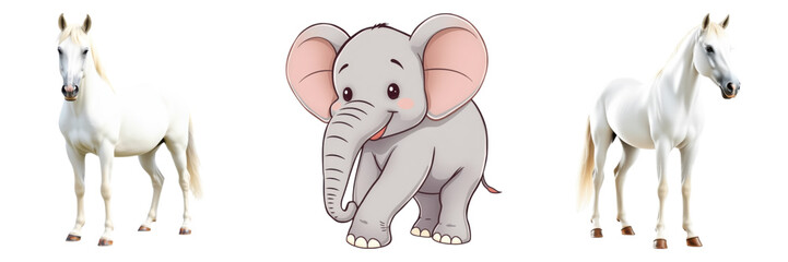 Fototapeta premium Whimsical scene showcasing two white horses flanking a cartoon elephant on transparent background