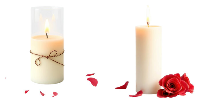 Elegant candles with roses creating warm ambiance, for romantic designs, on transparent background