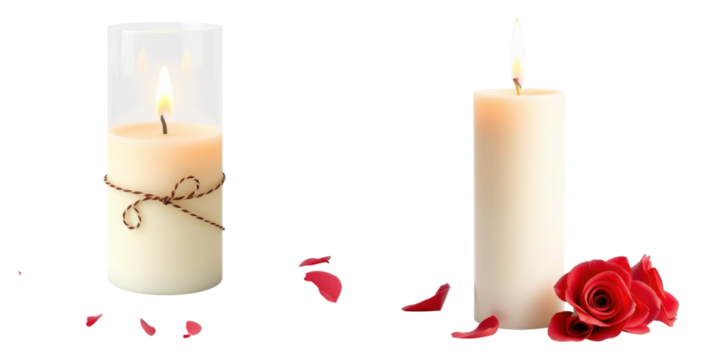 Elegant candles with roses creating warm ambiance, for romantic designs, on transparent background