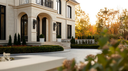 Elegant home entrance with arched doorways and lush landscaping. A grand facade with timeless architectural details.