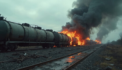 Naklejka premium Train derailment with tanker cars engulfed in flames and black smoke billowing into sky. Wreckage litters ground near tracks. Dramatic, chaotic scene of destruction and industrial accident.
