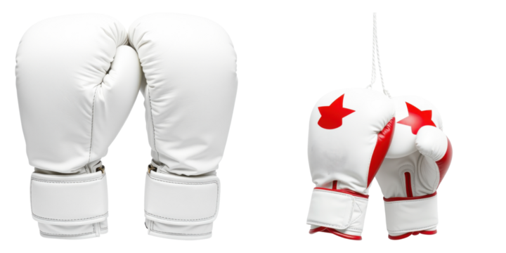Crisp white boxing gloves, with red star accent, floating on transparent background