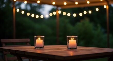 A romantic outdoor scene showing two candles glowing on a patio table against a soft, dark background