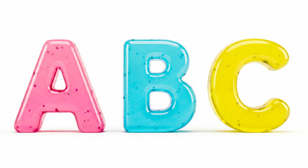 Fototapeta premium Three brightly colored plastic alphabet letters A B and C are arranged in a line against a clean white backdrop.