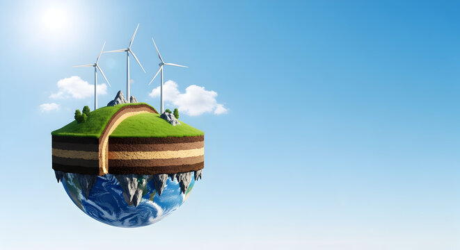 Earth slice with windmills, showcasing layers of soil, grass and ocean
