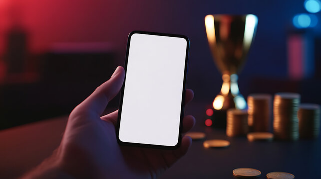 Digital competition: A smartphone with a blank screen is held in front of a trophy and stacks of coins, suggesting a modern form of winning. - Powered by Adobe
