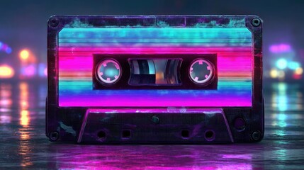 Neon cassette nostalgia of the 90s audio cassette concept. A retro cassette tape featuring vibrant neon colors.