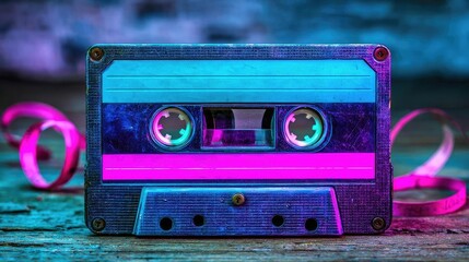 Neon cassette nostalgia of the 90s audio cassette concept. Vintage cassette tape in vibrant colors and retro design style.