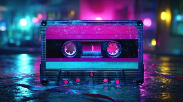 Neon cassette nostalgia of the 90s audio cassette concept. A vibrant retro cassette tape with neon lights in a moody setting.