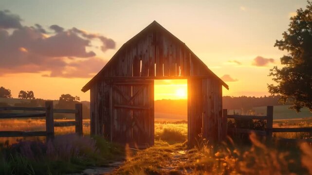 Rustic Barn at Sunset: Golden Light on Countryside