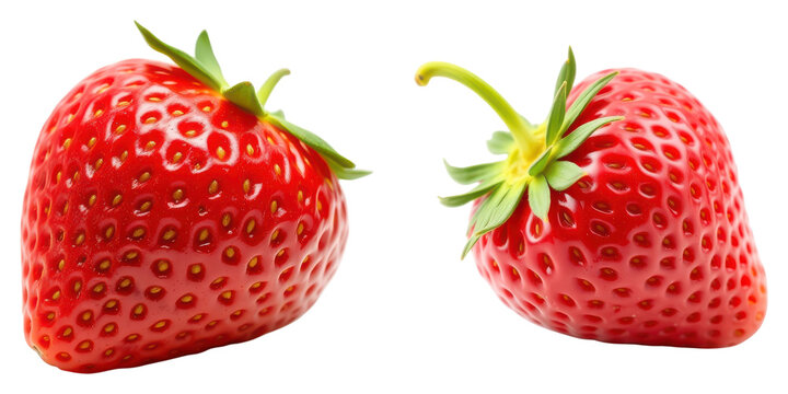 Two vibrant ripe strawberries showing off their vibrant colors, isolated on transparent background
