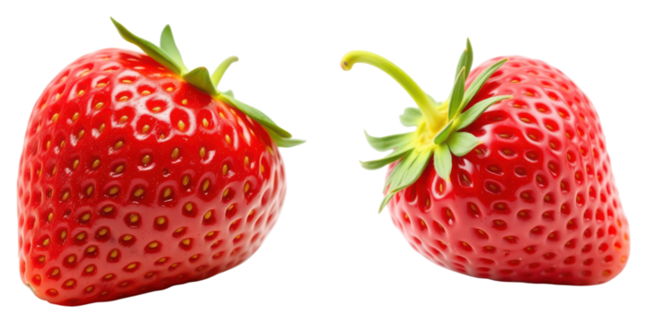 Two vibrant ripe strawberries showing off their vibrant colors, isolated on transparent background