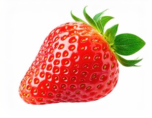 Single, ripe strawberry, vibrant red, glossy skin, detailed texture, fresh, bright green leaves